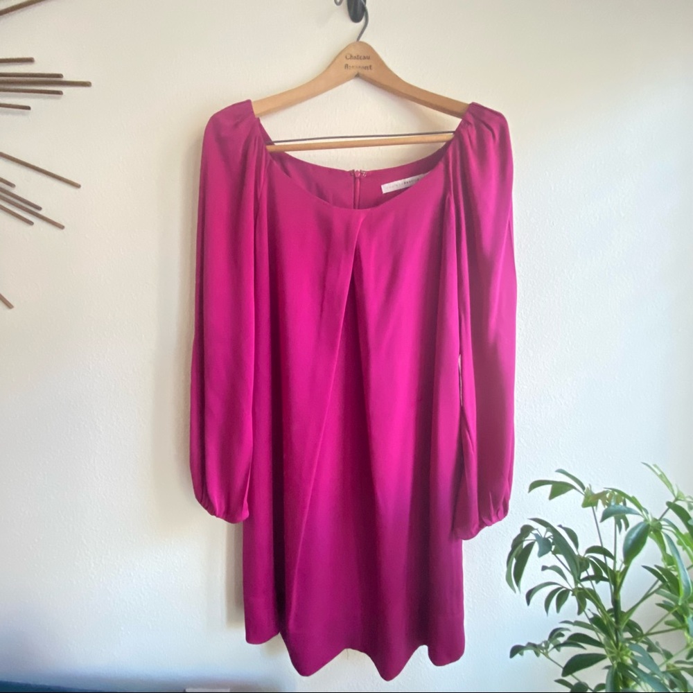 CHAIKEN Profile Hot Deep Pink Purple Silk Cross Pleat Dress Sz 8 Long Sleeve